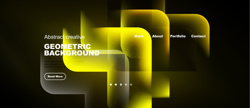Abstract yellow geometric design. Website mockup with navigation elements, text blocks, button. Modern style, vibrant colors.