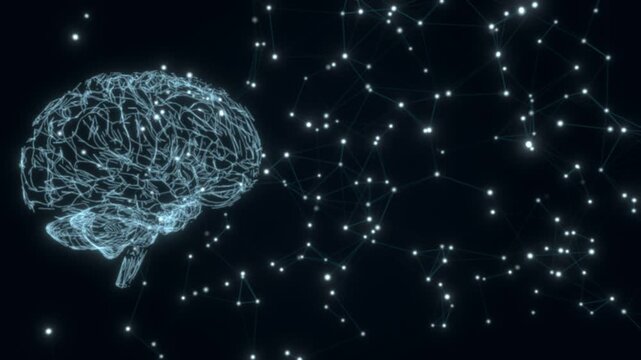 Animated wireframe human brain beside moving plexus network of lines and dots on dark background, artificial intelligence and neural network concept