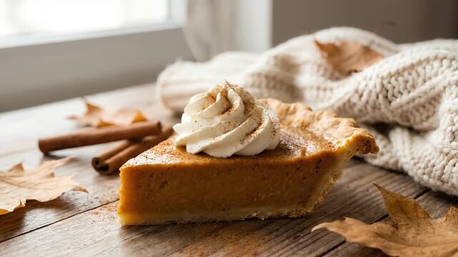 Slice of pumpkin pie with whipped cream on rustic wooden table with autumn leaves.
