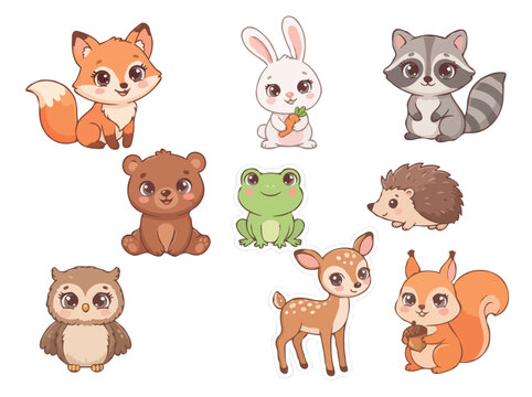Cute Cartoon Forest Animals Sticker Set with Baby Fox Bear Rabbit and Deer