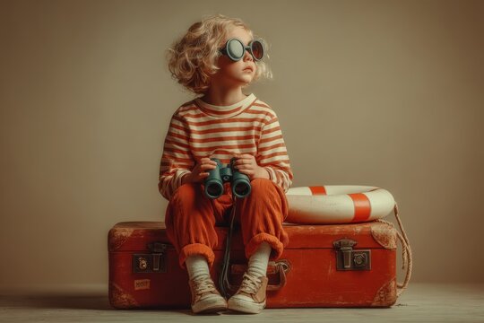 Child with curly blonde hair wearing oversized sunglasses sits on a vintage suitcase holding binoculars, with a lifebuoy visible in the background