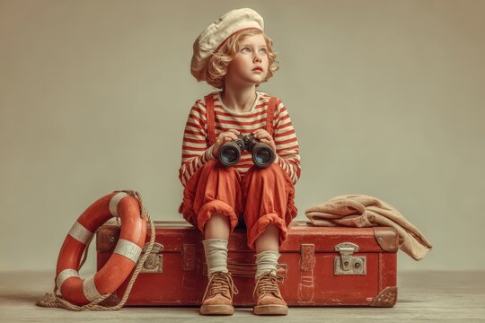 Young girl dressed in vintage sailor attire holding binoculars sits on a red suitcase with a lifebuoy and blanket beside her in a neutral studio setting