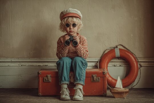 Child dressed in nautical-themed attire with binoculars sitting on a vintage suitcase beside a lifebuoy and a small wooden sailboat in a cozy indoor setting