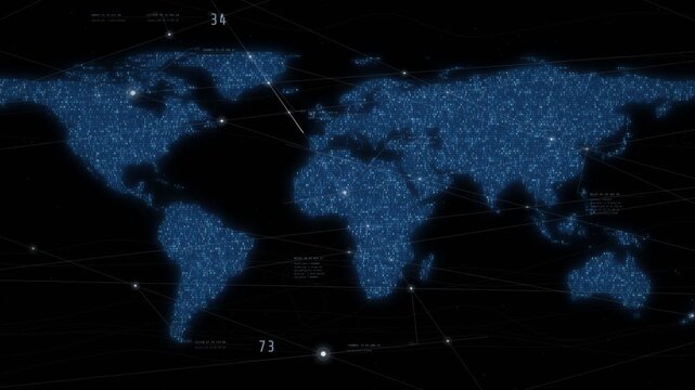 Animated world map made of binary code digits with moving plexus network lines, HUD data labels, global cyber security and big data connection concept