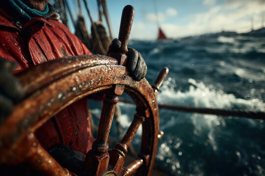 Individual wearing a red waterproof jacket grips a wooden ship's wheel on a sailing vessel, with waves and distant sailboats visible in the background