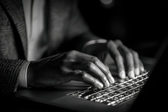 Close-up of hands typing on a laptop keyboard in a dimly lit environment, showcasing the texture of skin and the illuminated keys in a professional setting