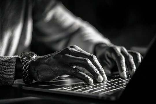 Close-up of African American male hands typing on a laptop keyboard, wearing a silver watch, with soft lighting creating a dramatic black and white effect