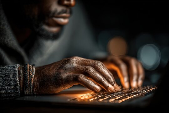 Close-up of African male hands typing on a laptop keyboard in a dimly lit environment, showcasing illuminated keys and focused attention on the screen