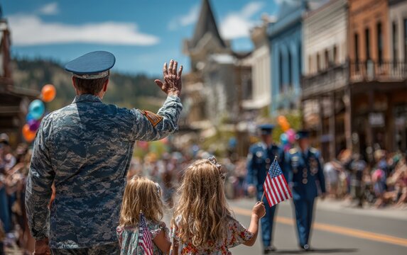 Military personnel in uniform waves to a parade while two children hold small American flags, colorful balloons and historic buildings visible in the background