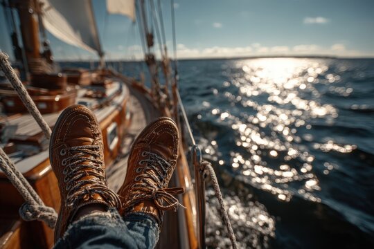 Brown leather boots resting on the edge of a wooden sailboat deck with shimmering water and sunlight reflecting off the surface in the background