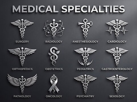 Premium 3D Silver Medical Specialty Icons Set on Dark Background for Healthcare Branding