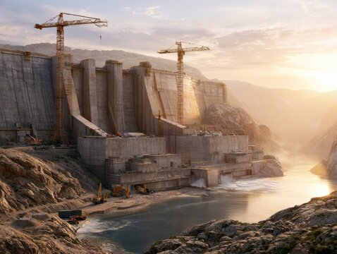 Ultra realistic hydroelectric dam under construction with massive concrete structures, cranes, heavy machinery, and flowing river in a mountainous landscape at sunrise