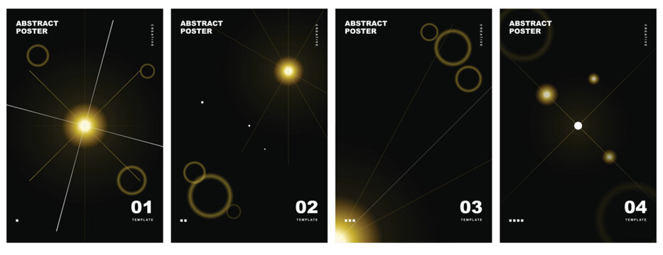 Abstract Cosmic Poster Templates Minimalist Futuristic Geometric Black Gold Lens Flare Set of 4 Vertical Layouts For Marketing Branding Designs.
