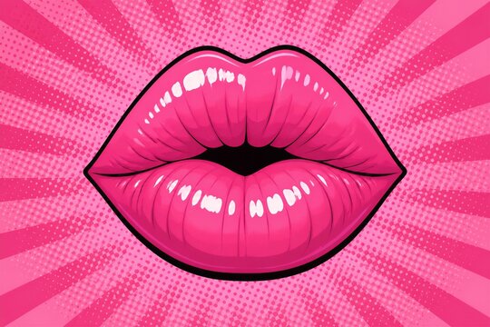 Lips puckered in pop art style on pink graphic background