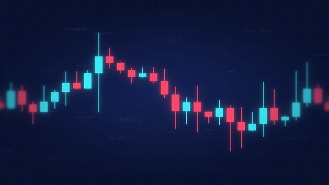 Animated blue and red candlestick chart scrolling sideways on dark navy, volatile crypto and forex market trading data, price fluctuation motion loop
