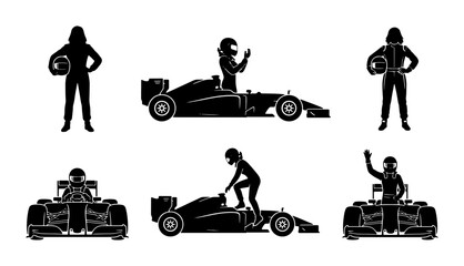 Obraz premium Black racing car drivers and vehicles, silhouette set, sports concept