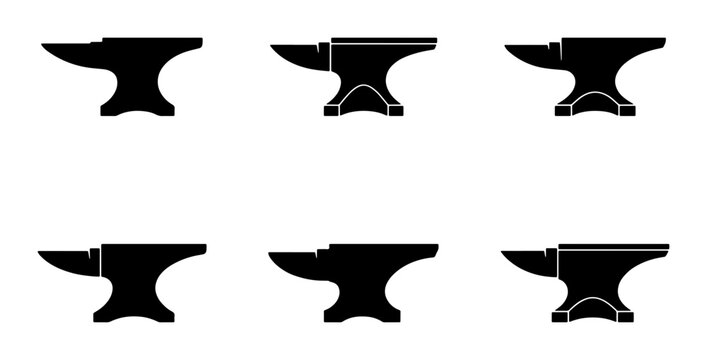 Black anvil silhouettes on white background, blacksmithing tool set