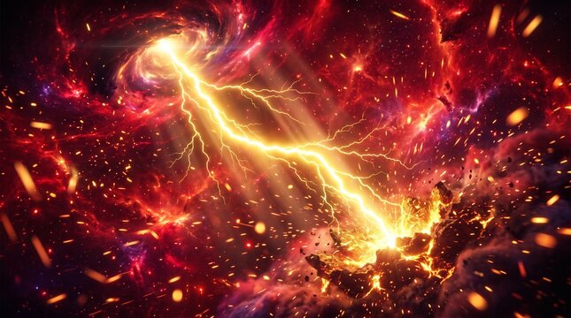 Abstract cosmic explosion with glowing golden energy bolt and swirling red nebula in deep space background