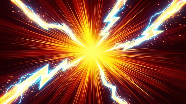Abstract digital background featuring a bright central explosion with electric lightning bolts and glowing orange energy rays