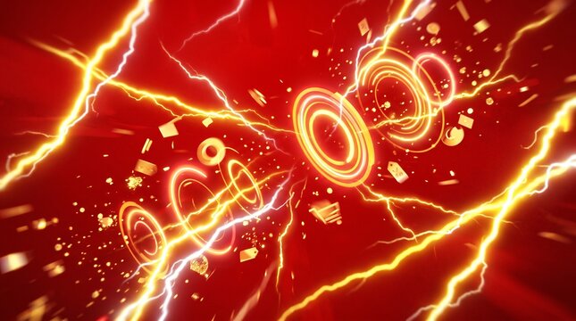 Abstract red background with glowing yellow lightning bolts and swirling energy circles in a dynamic composition