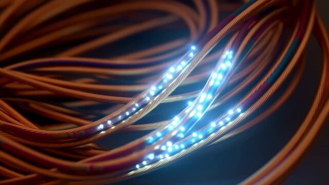 Glowing flexible light strips weave through looping orange cables as view shifts across blue-white points, layered curves, reflective surfaces, and dark background
