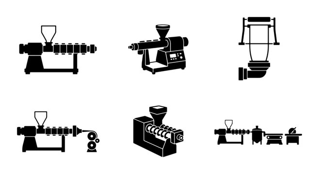 Black industrial machinery icons, plastic extrusion and manufacturing