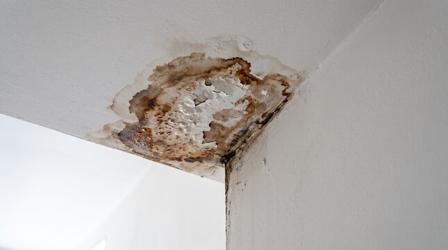 Water damage and peeling paint on a ceiling corner