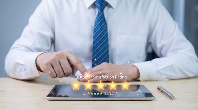 Businessman giving five star customer satisfaction rating on tablet screen, excellent service review concept, digital feedback evaluation, user experience quality assurance