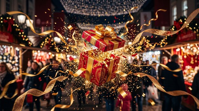 Festive christmas market scene with glowing lights red ornaments and people shopping for holiday gifts outdoors