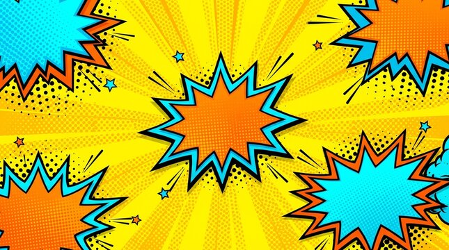 Bright yellow comic book background with colorful explosive speech bubbles and halftone dot patterns for pop art