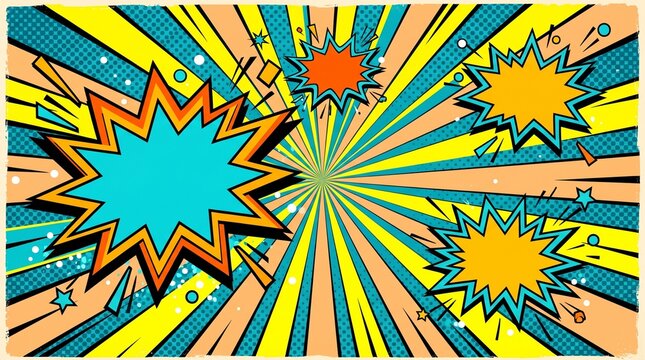 Colorful pop art background with comic book style speech bubbles and bright radial sunburst rays design