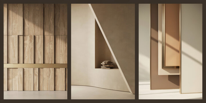 Architectural interior wall panels with wood texture and soft lighting