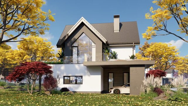 4K pan of a modern suburban house exterior in autumn. Features a white facade, warm wood accents, and an open carport, surrounded by vibrant yellow fall trees and a bright blue sky.