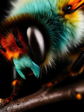 A macro photograph of a colorful moth head showing detailed compound eye and fluffy vibrant fur, science and nature fine art concept.