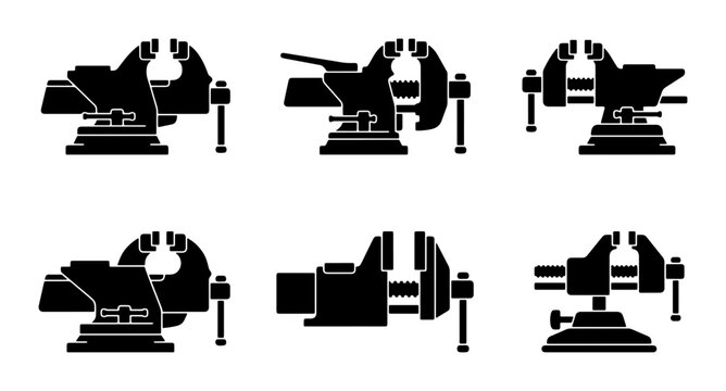 Black bench vices set, industrial tools, graphic design background