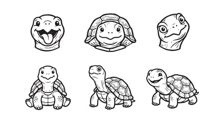 Fototapeta premium Set of cute cartoon turtle characters in black and white line art style for coloring books or children design projects on transparent background