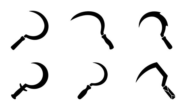 Black sickle icons graphic design, agricultural tool set, isolated on