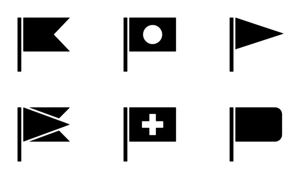 Black flag icons, set of six different shapes, navigation and