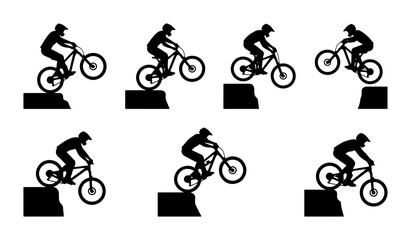 Fototapeta premium Black silhouette cyclists performing jumps on bicycles, graphic design