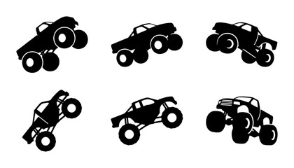 Black monster truck silhouettes, extreme off-road vehicles, action © Maksud