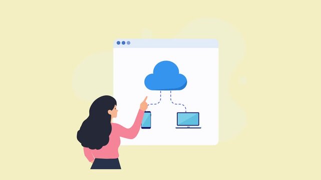 Animated video showing a person interacting with a cloud computing interface, connected to smartphone and computer devices on a soft yellow background.