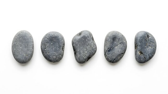 Five Smooth Dark Grey Zen Stones Arranged in a Horizontal Row on a Clean White Background