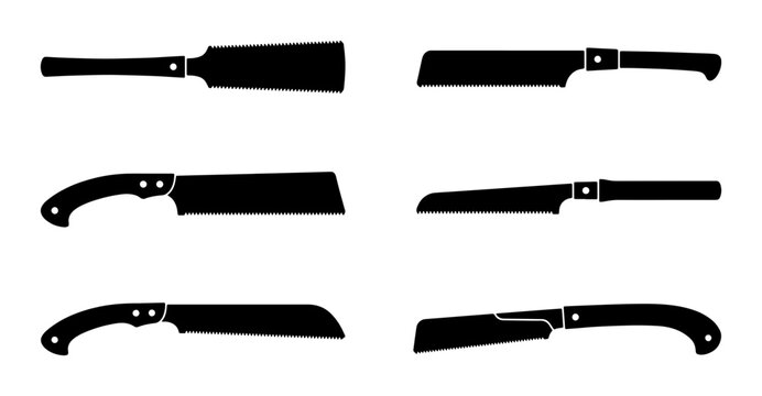 Black hand saws collection, woodworking tools silhouettes, graphic
