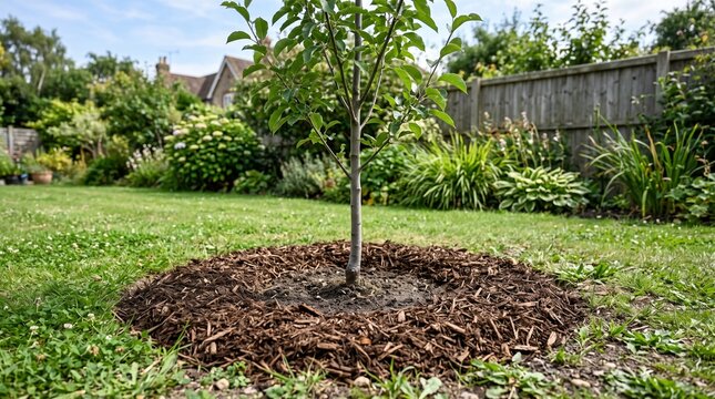 Young tree with wood chip mulch in a backyard