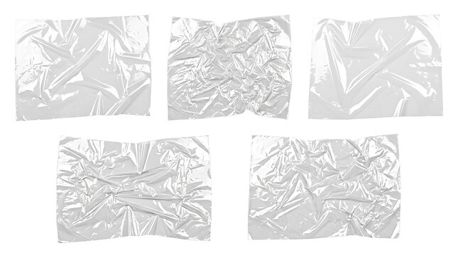 Set of Wrinkled Transparent Plastic Wrap Textures Isolated on White Background