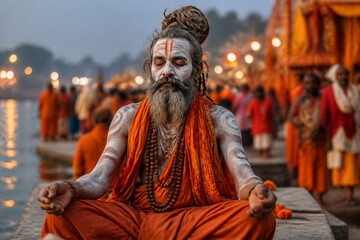Obraz premium Sadhu meditating with painted face on river ghat at dusk