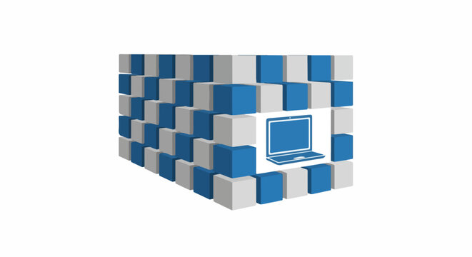 A diagonal wall of solid colored cubes representing a quantum firewall protecting a laptop computer icon. Solid steel blue and light grey. Clean 2D perspective. minimalist flat vector artwork,