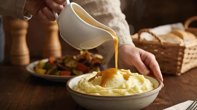 Pouring Savory Gravy Over Creamy Mashed Potatoes for a Festive Dinner
