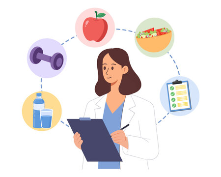 Nutritionist with healthy diet, exercise, hydration and wellness plan concept vector illustration