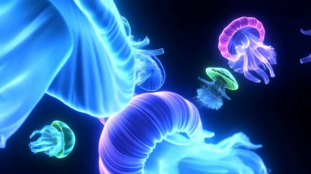 Glowing jellyfish drift through dark scene as translucent bells and flowing tentacles move at different depths, lit by vivid cyan, blue, violet, pink, and green edges